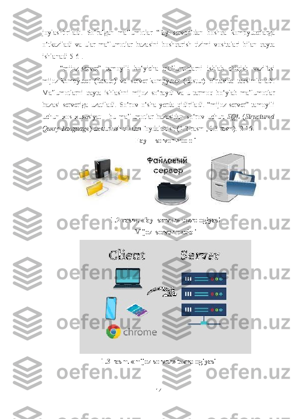 joylashtiriladi.   So‘ralgan   ma’lumotlar   “fayl-server”dan   boshqa   kompyuterlarga
o‘tkaziladi   va   ular   ma’lumotlar   bazasini   boshqarish   tizimi   vositalari   bilan   qayta
ishlanadi[5-6].
“mijoz-server”   tamoyili   bo‘yicha   ma’lumotlarni   ishlab   chiqish   vazifasi
mijoz-kompyuter   (dastur)   va   server-kompyuter   (dastur)   o‘rtasida   taqsimlanadi.
Ma’lumotlarni   qayta   ishlashni   mijoz   so‘raydi   va   u   tarmoq   bo‘ylab   ma’lumotlar
bazasi   serveriga   uzatiladi.   So‘rov   o‘sha   yerda   qidiriladi.   “mijoz-server”   tamoyili
uchun   xos   xususiyat   -   bu   ma’lumotlar   bazasidan   so‘rov   uchun   SQL   ( Structured
Query Language ) dasturlash tilidan foydalanish (1.2-rasm  , 1.3 rasm ).[2-16]
F ayl – server   modeli
1. 2 -rasm. «fayl-server» texnologiyasi
Mijoz –server  modeli
1.3-rasm. «mijoz-server» texnologiyasi
14 