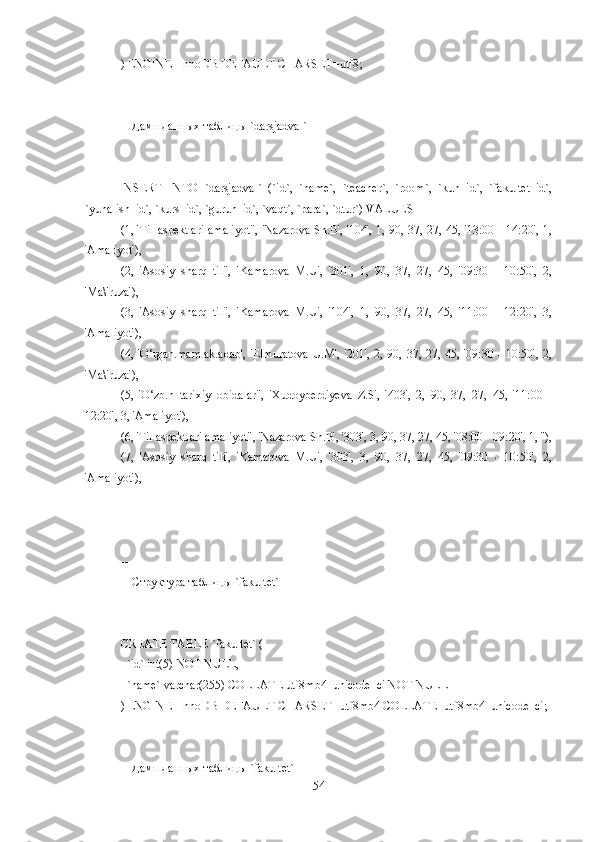 ) ENGINE=InnoDB DEFAULT CHARSET=utf8;
--
-- Дамп данных таблицы `darsjadval`
--
INSERT   INTO   `darsjadval`   (`id`,   `name`,   `teacher`,   `room`,   `kun_id`,   `fakultet_id`,
`yunalish_id`, `kurs_id`, `guruh_id`, `vaqt`, `para`, `dtur`) VALUES
(1, 'Til aspektlari amaliyoti', 'Nazarova Sh.B', '104', 1, 90, 37, 27, 45, '13:00 - 14:20', 1,
'Amaliyot'),
(2,   'Asosiy   sharq   tili',   'Kamarova   M.U',   '301',   1,   90,   37,   27,   45,   '09:30   -   10:50',   2,
'Ma\'ruza'),
(3,   'Asosiy   sharq   tili',   'Kamarova   M.U',   '104',   1,   90,   37,   27,   45,   '11:00   -   12:20',   3,
'Amaliyot'),
(4, 'O‘rgan.mamlak.adab',   'Elmuratova   U.M', '201',  2, 90,  37, 27,  45, '09:30  - 10:50',  2,
'Ma\'ruza'),
(5,   'O‘zb.n   tarixiy   obidalari',   'Xudoyberdiyeva   Z.S',   '403',   2,   90,   37,   27,   45,   '11:00   -
12:20', 3, 'Amaliyot'),
(6, 'Til aspektlari amaliyoti', 'Nazarova Sh.B', '303', 3, 90, 37, 27, 45, '08:00 - 09:20', 1, ''),
(7,   'Asosiy   sharq   tili',   'Kamarova   M.U',   '303',   3,   90,   37,   27,   45,   '09:30   -   10:50',   2,
'Amaliyot'),
-- --------------------------------------------------------
--
-- Структура таблицы `fakultet`
--
CREATE TABLE `fakultet` (
  `id` int(5) NOT NULL,
  `name` varchar(255) COLLATE utf8mb4_unicode_ci NOT NULL
) ENGINE=InnoDB DEFAULT CHARSET=utf8mb4 COLLATE=utf8mb4_unicode_ci;
--
-- Дамп данных таблицы `fakultet`
54 