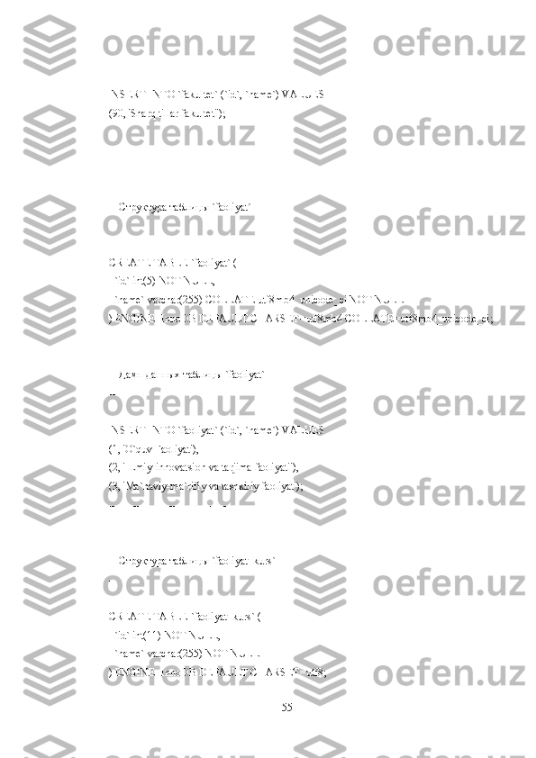 --
INSERT INTO `fakultet` (`id`, `name`) VALUES
(90, 'Sharq tillar fakulteti');
-- --------------------------------------------------------
--
-- Структура таблицы `faoliyat`
--
CREATE TABLE `faoliyat` (
  `id` int(5) NOT NULL,
  `name` varchar(255) COLLATE utf8mb4_unicode_ci NOT NULL
) ENGINE=InnoDB DEFAULT CHARSET=utf8mb4 COLLATE=utf8mb4_unicode_ci;
--
-- Дамп данных таблицы `faoliyat`
--
INSERT INTO `faoliyat` (`id`, `name`) VALUES
(1, 'O`quv Faoliyat'),
(2, 'ILmiy-innovatsion va tarjima faoliyati'),
(3, 'Ma`naviy-ma`rifiy va tashkiliy faoliyat');
-- --------------------------------------------------------
--
-- Структура таблицы `faoliyat_kurs`
--
CREATE TABLE `faoliyat_kurs` (
  `id` int(11) NOT NULL,
  `name` varchar(255) NOT NULL
) ENGINE=InnoDB DEFAULT CHARSET=utf8;
55 