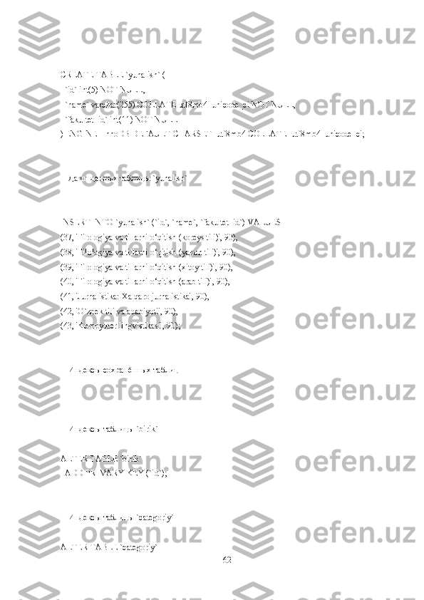 --
CREATE TABLE `yunalish` (
  `id` int(5) NOT NULL,
  `name` varchar(255) COLLATE utf8mb4_unicode_ci NOT NULL,
  `fakultet_id` int(11) NOT NULL
) ENGINE=InnoDB DEFAULT CHARSET=utf8mb4 COLLATE=utf8mb4_unicode_ci;
--
-- Дамп данных таблицы `yunalish`
--
INSERT INTO `yunalish` (`id`, `name`, `fakultet_id`) VALUES
(37, 'Filologiya va tillarni o‘qitish (koreys tili)', 90),
(38, 'Filologiya va tillarni o‘qitish (yapon tili)', 90),
(39, 'Filologiya va tillarni o‘qitish (xitoy tili)', 90),
(40, 'Filologiya va tillarni o‘qitish (arab tili)', 90),
(41, 'Jurnalistika: Xalqaro jurnalistika', 90),
(42, 'O`zbek tili va adabiyoti', 90),
(43, 'Kompyuter lingvistikasi', 90);
--
-- Индексы сохранённых таблиц
--
--
-- Индексы таблицы `birik`
--
ALTER TABLE `birik`
  ADD PRIMARY KEY (`id`);
--
-- Индексы таблицы `categoriy`
--
ALTER TABLE `categoriy`
62 