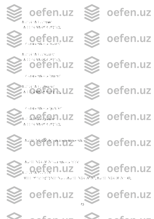--
ALTER TABLE `news`
  ADD PRIMARY KEY (`id`);
--
-- Индексы таблицы `student`
--
ALTER TABLE `student`
  ADD PRIMARY KEY (`id`);
--
-- Индексы таблицы `teacher`
--
ALTER TABLE `teacher`
  ADD PRIMARY KEY (`id`);
--
-- Индексы таблицы `yunalish`
--
ALTER TABLE `yunalish`
  ADD PRIMARY KEY (`id`);
--
-- AUTO_INCREMENT для сохранённых таблиц
--
--
-- AUTO_INCREMENT для таблицы `birik`
--
ALTER TABLE `birik`
  MODIFY `id` int(11) NOT NULL AUTO_INCREMENT, AUTO_INCREMENT=82;
65 