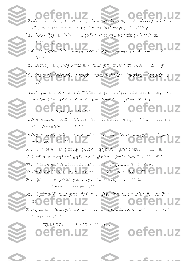 12.   Ahmedov   S.,   Qosimov   B.,   Qo   ‘chqorov   R.,   Rizayev   Sh.   Adabiyot,   5-sinf,
O‘qituvchilar uchun metodik qo ‘llanma.  Ma’naviyat, –T.:  200 3 -yil.
13. Azizxo jayeva     N.N.   Pedagogik   texnologiya   va   pedagogik   mahorat.   –   T.:ʻ
2003.  - 174 b. 
14. Azizxo jayeva  N.N. Pedagogik texnologiya va pedagogik mahorat. – T.: 2003.	
ʻ
- 174 b. 
15. Husanboyeva Q., Niyozmetova R. Adabiyot o‘qitish metodikasi.  T.: 2018-yil.
16. Jo‘rayev K., Maktabda Oybekning hayoti va ijodini o ‘rganish. O ‘qituvchi. T.:
-1974.  
17. Jo‘rayev R.H., Zushunov A. “Ta’lim jarayonida o‘quv fanlarini integratsiyalash
omillari. O‘qituvchilar uchun o‘quv qo‘llanma”. – T., Sharq. 2006-y.
kutubxonasi). – T.: 2010.
18. Niyozmetova   R.X.   O‘zbek   tili   darslarida   yangi   o‘zbek   adabiyoti
o‘qitishmasalalari. – T.: 2010
19. Niyozmetova   R.X.   Uzlusiz   ta’lim   tizimida   o‘zbek   adabiyotini   o‘rgatish
metodikasi. –T.:2010.
20. Ochilov M. Yangi pedagogik texnologiyalar. – Qarshi: Nasaf.  2000.  - 80 b.
21. Ochilov M. Yangi pedagogik texnologiyalar. – Qarshi: Nasaf.   2000.  - 80 b.
22. Ochilov M.O. Muallim qalb me’mori. –T.: O qituvchi. 2001. - 429 b. 	
ʻ
23. Ochilov M.O. Muallim qalb me’mori. –T.: O qituvchi. 2001. - 429 b. 	
ʻ
24.     Qahrmonov Q. Adabiy tanqid yangilanish jarayonlari. –T.: 2010.
     qo‘llanma. – Toshkent: 2008.
25.       Qodirov   V.   Adabiyot   o‘qitish   metodikasi.   //ma’ruza   matnlari   //.   –   Andijon.
2010.
26. Rajabova   I.   Adabiyot   darslarini   intеrfaol   usullarda   tashkil   etish.   –   Toshkеnt:
Tamaddun, 2010.
rеjalashtirish. – Toshkent: RTM, 2011. 