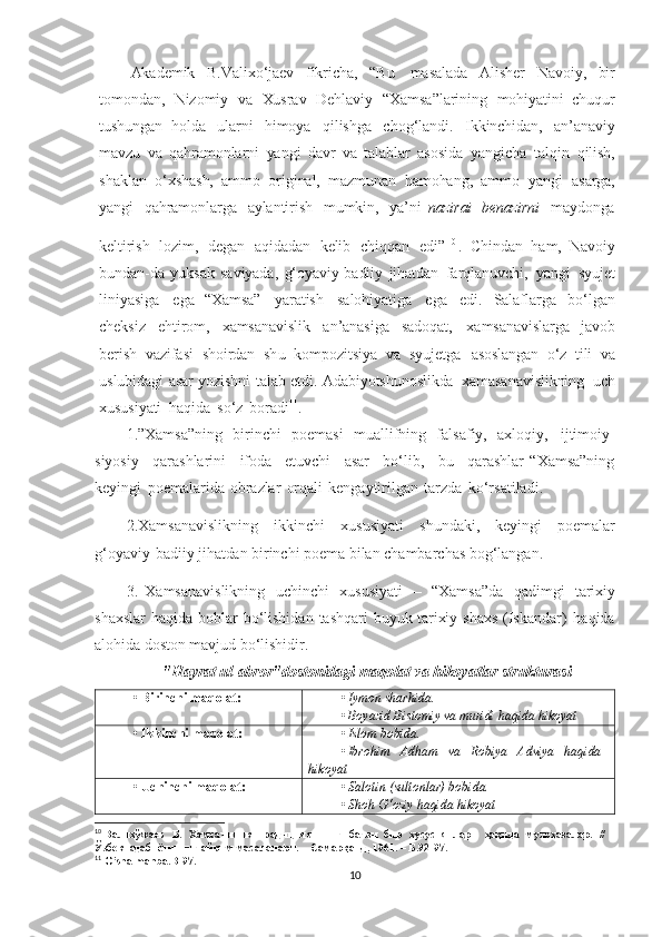 Akademik   B.Valixo‘jaev   fikricha,   “Bu   masalada   Alisher   Navoiy,   bir
tomondan,   Nizomiy   va   Xusrav   Dehlaviy   “Xamsa”larining   mohiyatini   chuqur
tushungan   holda   ularni   himoya   qilishga   chog‘landi.   Ikkinchidan,   an’anaviy
mavzu   va   qahramonlarni   yangi   davr   va   talablar   asosida   yangicha   talqin   qilish,
shaklan   o‘xshash,   ammo   original,   mazmunan   hamohang,   ammo   yangi   asarga,
yangi   qahramonlarga   aylantirish   mumkin,   ya’ni   nazirai   benazirni   maydonga
keltirish   lozim,   degan   aqidadan   kelib   chiqqan   edi” 1 0
.  
Chindan   ham,   Navoiy
bundan-da   yuksak   saviyada,   g‘oyaviy-badiiy   jihatdan   farqlanuvchi,   yangi   syujet
liniyasiga   ega   “Xamsa”   yaratish   salohiyatiga   ega   edi.   Salaflarga   bo‘lgan
cheksiz   ehtirom,   xamsanavislik   an’anasiga   sadoqat,   xamsanavislarga   javob
berish   vazifasi   shoirdan   shu   kompozitsiya   va   syujetga   asoslangan   o‘z   tili   va
uslubidagi   asar   yozishni   talab   etdi. Adabiyotshunoslikda   xamasanavislikning   uch
xususiyati   haqida   so‘z   boradi 11
.
1. ”Xamsa”ning   birinchi   poemasi   muallifning   falsafiy,   axloqiy,   ijtimoiy-
siyosiy     qarashlarini     ifoda     etuvchi     asar     bo‘lib,     bu     qarashlar   “Xamsa”ning
keyingi   poemalarida   obrazlar   orqali   kengaytirilgan   tarzda   ko‘rsatiladi.
2.Xamsanavislikning   ikkinchi   xususiyati   shundaki,   keyingi   poemalar
g‘oyaviy-badiiy   jihatdan  birinchi   poema   bilan   chambarchas bog‘langan.
3.   Xamsanavislikning   uchinchi   xususiyati   –   “Xamsa”da   qadimgi   tarixiy
shaxslar   haqida   boblar   bo‘lishidan   tashqari   buyuk   tarixiy   shaxs   (Iskandar)   haqida
alohida  doston  mavjud bo‘lishidir.
"Hayrat ul-abror"dostonidagi maqolat va hikoyatlar strukturasi
• Birinchi maqolat: • Iymon sharhida. 
• Boyazid Bistomiy va muridi haqida hikoyat
• Ikkinchi maqolat: • Islom bobida. 
• Ibrohim   Adham   va   Robiya   Adviya   haqida
hikoyat
• Uchinchi maqolat: • Salotin (sultonlar) bobida.
• Shoh G‘oziy haqida hikoyat
10
  Валихўжаев     Б .    Хамсачилик     традициясининг     баъзи     бир     хусусиятлари     ҳақида     мулоҳазалар .    //  
Ўзбек  адабиётининг   айрим   масалалари .   –   Самарқанд ,   1961.   –   Б .92-97.
11
 O’sha manba.B-97.
10 