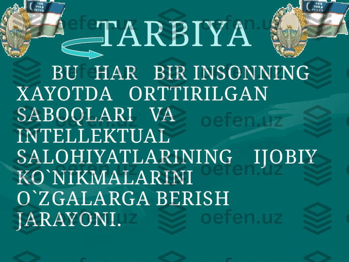 TARBIYA
BU   HAR   BIR INSONNING  
X AYOTDA   ORTTIRILG AN 
SABOQLARI   VA   
INTELLEKTUAL 
SALOHIYATLARINING     IJOBIY  
KO` NIKMALARINI    
O` Z G ALARG A BERISH   
JARAYONI. 