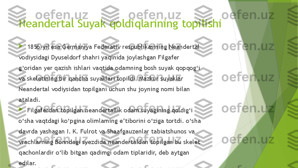 Neandertal Suyak qoldiqlarining topilishi

1856-yil esa Germaniya Federativ respublikasining Neandertal 
vodiysidagi Dyuseldorf shahri yaqinida joylashgan Filgafer 
g‘oridan yer qazish ishlari vaqtida odamning bosh suyak qopqog‘i 
va skeletining bir qancha suyaklari topildi. Mazkur suyaklar 
Neandertal vodiysidan topilgani uchun shu joyning nomi bilan 
ataladi.

Filgaferdan topilgan neandertallik odam suyagining qoldig‘i 
o‘sha vaqtdagi ko‘pgina olimlaming e’tiborini o‘ziga tortdi. o‘sha 
davrda yashagan I. K. Fulrot va Shaafgauzenlar tabiatshunos va 
vrachlarning Bonndagi syezdida neandertaldan topilgan bu skelet 
qachonlardir  о‘ lib bitgan qadimgi odam tiplaridir, deb aytgan 
edilar.                 