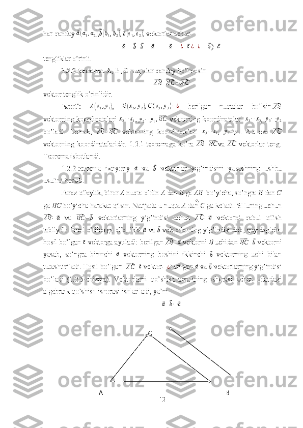 har qanday ⃗a(a1,a2) ,⃗ b( b
1 , b
2	) ,⃗ c( c
1 , c
2	) , vektorlar uchun	
⃗
a
 + 	⃗
b =	⃗
b  + 	⃗a         	⃗ a
 + 	¿ +	⃗ c ¿
=	¿  + 	⃗
b )+	⃗ c
tengliklar o’rinli.
1.2.2-teorema.  A, B, C   nuqtalar qanday bo’lmasin	
⃗AB	+⃗BC	=⃗AC
vektor tenglik o’rinlidir.
Isboti:  	
A(x1,y1) ,   B	( x
2 , y
2	) , C ( x
3 , y
3 ) − ¿
  berilgan   nuqtalar   bo’lsin.	⃗ AB
vektorning koordinatalari  	
x2−	x1 ,  	y2−	y1,⃗BC   vektorning koordinatalari  	x3−	x2 ,  	y3−	y2
bo’ladi.   Demak,  	
⃗AB	+⃗BC   vektorning   koordinatalari   x
3 − x
1 ,  	y3−	y1 .   Bu   esa  	⃗ AC
vektorning   koordinatalaridir.   1.2.1-teoremaga   ko’ra  	
⃗AB	+⃗BC va  	⃗AC   vektorlar   teng.
Teorema isbotlandi.
1.2.2-teorema   ixtiyoriy  	
⃗a   va  	⃗b   vektorlar   yig’indisini   yasashning   ushbu
usulini beradi.
Faraz qilaylik, biror  A  nuqta oldin  A  dan  B  ga  AB   bo’yicha, so’ngra  B  dan  C
ga  BC  bo’yicha harakat qilsin. Natijada u nuqta  A  dan  C  ga keladi. SHuning uchun	
⃗AB	=	⃗a
  va  	⃗BC	=⃗b   vektorlarning   yig’indisi   uchun  	⃗AC	=	⃗c   vektorni   qabul   qilish
tabiiydir. Buni e’tiborga olib, ikki 	
⃗ a
 va 	⃗
b  vektorlarning yig’indisi deb, quyidagicha
hosil bo’lgan 	
⃗c  vektorga aytiladi: berilgan 	⃗AB =	⃗a  vektorni  B  uchidan 	⃗BC =	⃗b  vektorni
yasab,   so’ngra   birinchi  	
⃗a   vektorning   boshini   ikkinchi  	⃗
b   vektorning   uchi   bilan
tutashtiriladi. Hosil bo’lgan  	
⃗AC =	⃗c  vektor − ¿
berilgan 	⃗a  va 	⃗b  vektorlarning yig’indisi
bo’ladi   (1.2.5-chizma).   Vektorlarni   qo ’ shish   amalining   ishorasi   uchun   odatdagi
algebraik   qo ’ shish   ishorasi   ishlatiladi ,  ya ’ ni	
⃗a+⃗b=⃗c
12A C
B 