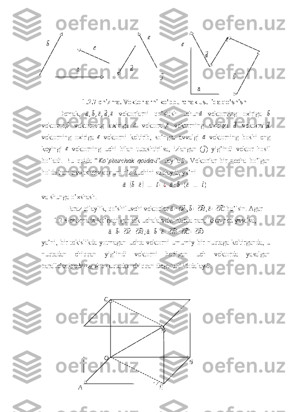 A BC
O
E D⃗ e	
⃗d	
⃗ c	
⃗
a	
⃗b
1.2.7-chizma. Vektorlarni ko’pburchak usulida qo’shish
Demak,  	
⃗
a ,	⃗ b ,	⃗ c ,	⃗ d ,	⃗ e   vektorlarni   qo’shish   uchun	⃗a   vektorning   oxiriga  	⃗
b
vektorni,	
⃗b   vektorning   oxiriga  	⃗c   vektorni,	⃗c   vektorning   oxiriga  	⃗d   vektorni,	⃗d
vektorning   oxiriga  	
⃗ e
  vektorni   keltirib,   so’ngra   avvalgi  	⃗ a
  vektorning   boshi   eng
keyingi  	
⃗e   vektorning   uchi   bilan   tutashtirilsa,   izlangan   (	⃗j )   yig’indi   vektor   hosil
bo’ladi.   Bu   qoida   “ Ko’pburchak   qoidasi ”   deyiladi.   Vektorlar   bir   necha   bo’lgan
holda ham assotsiativ qonuni o’z kuchini saqlaydi, ya’ni	
⃗a+(⃗b+⃗c)+…	+⃗t=¿
  	⃗
a +	⃗ b + (	⃗ c + … +	⃗ t )
va shunga o’xshash.
Faraz qilaylik, qo’shiluvchi vektorlar 	
⃗a=⃗OA	,⃗b=⃗OB	,⃗c=⃗OC  bo’lsin. Agar
1.2.8-chizmada ko’rsatilgandek uchala vektorlarda parallelepiped yasalsa, 	
⃗a+⃗b=⃗OA	+⃗OB	;⃗a+⃗b+⃗c=⃗OE	+⃗OC	=⃗OD
ya’ni,   bir   tekislikda   yotmagan   uchta   vektorni   umumiy   bir   nuqtaga   keltirganda,   u
nuqtadan   chiqqan   yig’indi   vektorni   berilgan   uch   vektorda   yasalgan
parallelepipedning shu nuqtadan chiqqan diagonali ifodalaydi.
14	
⃗a	
⃗b	
⃗c	
⃗
d	
⃗ e	
⃗j 