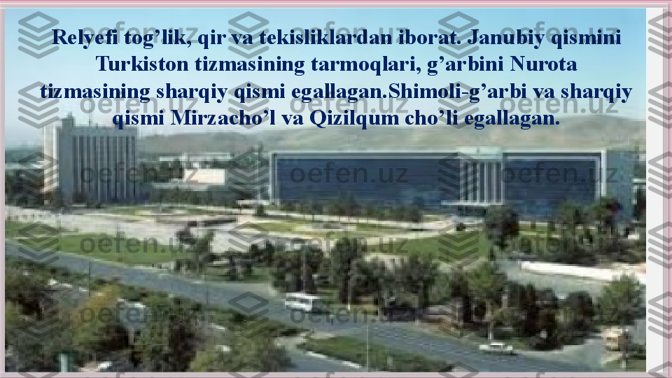 Relyefi tog’lik, qir va tekisliklardan iborat. Janubiy qismini 
Turkiston tizmasining tarmoqlari, g’arbini Nurota 
tizmasining sharqiy qismi egallagan.Shimoli-g’arbi va sharqiy 
qismi Mirzacho’l va Qizilqum cho’li egallagan.      