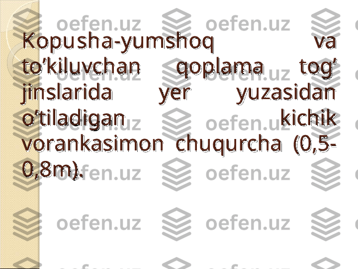 KopushaKopusha
-yumshoq  va -yumshoq  va 
to’kiluvchan  qoplama  tog’ to’kiluvchan  qoplama  tog’ 
jinslarida  yer  yuzasidan jinslarida  yer  yuzasidan 
o’tiladigan  kichik o’tiladigan  kichik 
vorankasimon  chuqurcha  (0,5-vorankasimon  chuqurcha  (0,5-
0,8m).0,8m).    