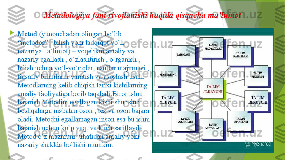 Metadologiya fani rivojlanishi haqida qisqacha ma’lumot

Metod  (yunonchadan olingan bo`lib 
“metodos”– bilish yoki tadqiqot yo`li 
nazariya  ta`limot) – voqelikni amaliy va 
nazariy egallash , o`zlashtirish , o`rganish , 
bilish uchun yo`l-yo`riqlar, usullar majmuasi , 
falsafiy bilimlarni yaratish va asoslash usuli. 
Metodlarning kelib chiqish tarixi kishilarning 
amaliy faoliyatiga borib taqaladi.Biror ishni 
bajarish Metodini egallagan kishi shu ishni 
boshqalarga nisbatan oson , tez va oson bajara 
oladi. Metodni egallamagan inson esa bu ishni 
bajarish uchun ko`p vaqt va kuch sariflaydi. 
Metod o`z mazmuni juhatidan amaliy yoki 
nazariy shaklda bo`lishi mumkin.                  