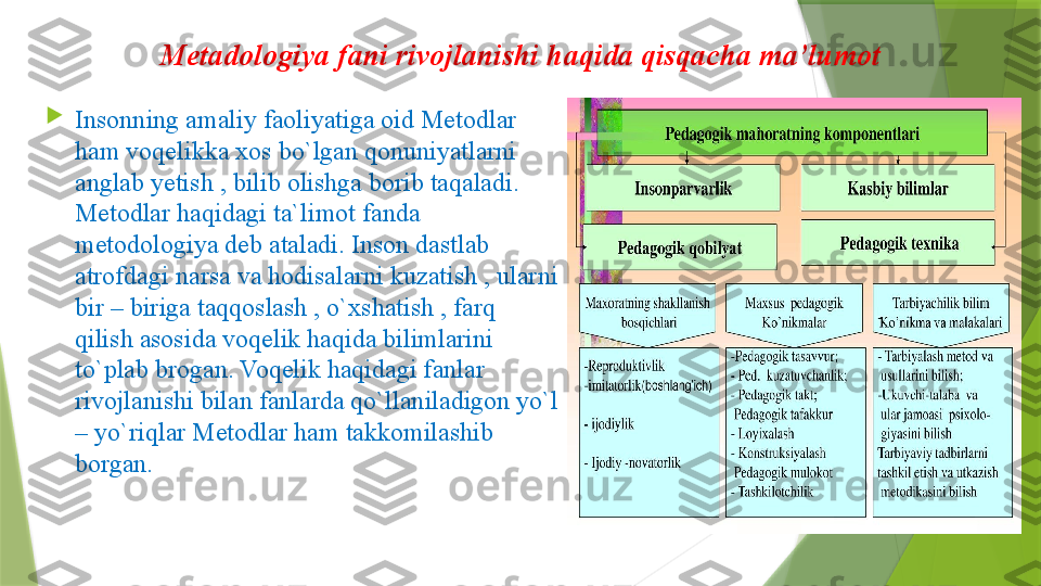 Metadologiya fani rivojlanishi haqida qisqacha ma’lumot

Insonning amaliy faoliyatiga oid Metodlar 
ham voqelikka xos bo`lgan qonuniyatlarni 
anglab yetish , bilib olishga borib taqaladi. 
Metodlar haqidagi ta`limot fanda 
metodologiya deb ataladi. Inson dastlab 
atrofdagi narsa va hodisalarni kuzatish , ularni 
bir – biriga taqqoslash , o`xshatish , farq 
qilish asosida voqelik haqida bilimlarini 
to`plab brogan. Voqelik haqidagi fanlar 
rivojlanishi bilan fanlarda qo`llaniladigon yo`l 
– yo`riqlar Metodlar ham takkomilashib 
borgan.                  