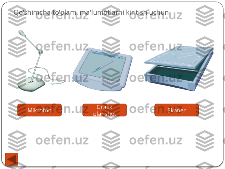 Qo'shimcha to'plam. ma'lumotlarni kiritish uchun
Mikrofon Grafik 
planshet Skaner  