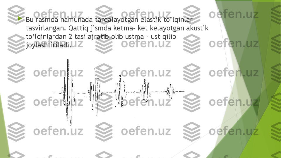 
Bu rasmda namunada tarqalayotgan elastik to’lqinlar 
tasvirlangan. Qattiq jismda ketma- ket kelayotgan akustik 
to’lqinlardan 2 tasi ajratib olib ustma - ust qilib 
joylashtiriladi.                 