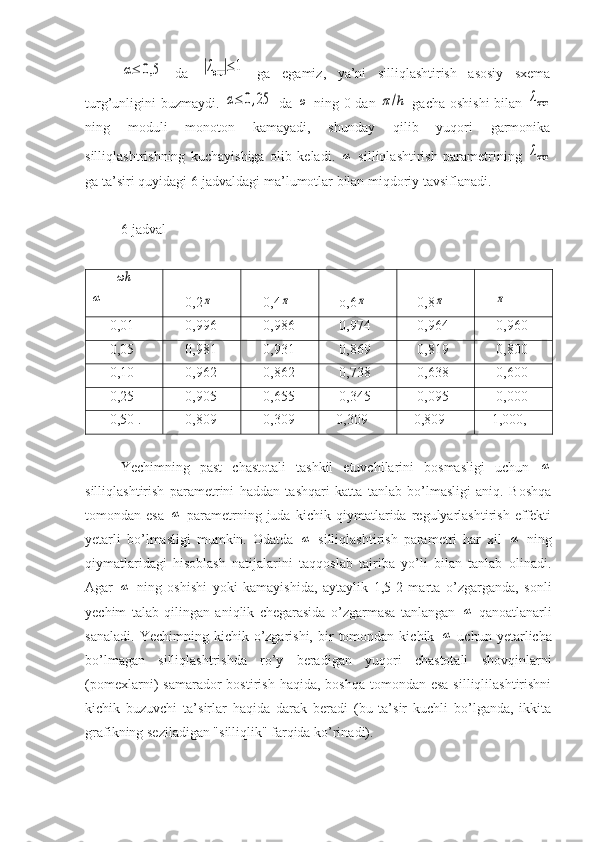 α≤	0,5  da  	|λсгл|≤	1   ga   egamiz,   ya’ni   silliqlashtirish   asosiy   sxema
turg’unligini buzmaydi.  
α≤	0,25   da  	ω   ning 0 dan  	π/h   gacha oshishi  bilan  	λсгл
ning   moduli   monoton   kamayadi,   shunday   qilib   yuqori   garmonika
silliqlashtrishning   kuchayishiga   olib   keladi.  	
α   silliqlashtirish   parametrining  	λсгл
ga ta’siri quyidagi 6-jadvaldagi ma’lumotlar bilan miqdoriy tavsiflanadi.
6 -jadval	
ωh	
α
0,2	π 0,4	π o,6	π 0,8	π	π
0,01 0,996 0,986 0,974 0,964 0,960
0,05 0,981 0,931 0,869 0,819 0,800
0,10 0,962 0,862 0,738 0,638 0,600
0,25 0,905 0,655 0,345 0,095 0,000
0,50 . 0,809 0,309 - 0,309 - 0,809 - 1,000,
Yechimning   past   chastotali   tashkil   etuvchilarini   bosmasligi   uchun  	
α
silliqlashtirish   parametrini   haddan   tashqari   katta   tanlab   bo’lmasligi   aniq.   Boshqa
tomondan   esa  	
α   parametrning   juda   kichik   qiymatlarida   regulyarlashtirish   effekti
yetarli   bo’lmasligi   mumkin.   Odatda  	
α   silliqlashtirish   parametri   har   xil  	α   ning
qiymatlaridagi   hisoblash   natijalarini   taqqoslab   tajriba   yo’li   bilan   tanlab   olinadi.
Agar  	
α   ning   oshishi   yoki   kamayishida,   aytaylik   1,5-2   marta   o’zgarganda,   sonli
yechim   talab   qilingan   aniqlik   chegarasida   o’zgarmasa   tanlangan  	
α   qanoatlanarli
sanaladi.   Yechimning  kichik  o’zgarishi,   bir  tomondan  kichik  	
α   uchun  yetarlicha
bo’lmagan   silliqlashtrishda   ro’y   beradigan   yuqori   chastotali   shovqinlarni
(pomexlarni)  samarador   bostirish  haqida, boshqa  tomondan  esa  silliqlilashtirishni
kichik   buzuvchi   ta’sirlar   haqida   darak   beradi   (bu   ta’sir   kuchli   bo’lganda,   ikkita
grafikning seziladigan "silliqlik" farqida ko’rinadi). 