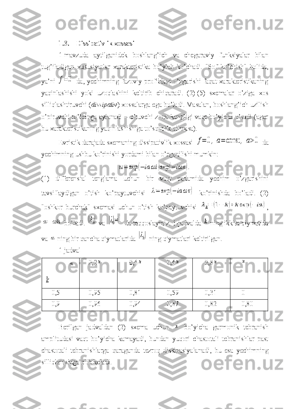 1.3. Dissipativlik xossasi
1-mavzuda   aytilganidek   boshlang’ich   va   chegaraviy   funksiyalar   bilan
tug’iladigan   xususiyatlar   xarakteristika   bo’ylab   ko’chadi.   "Sof   ko’chish"   holida,
ya’ni  f=	0   da,   yechimning   fazoviy   profildagi   o’zgarishi   faqat   xarakteristikaning
yaqinlashishi   yoki   uzoqlashini   keltirib   chiqaradi.   (2)-(5)   sxemalar   o’ziga   xos
silliqlashtiruvchi ( dissipativ ) xossalarga ega bo’ladi. Masalan, boshlang’ich uzilish
o’piruvchi  to’lqinga aylanadi  – o’tuvchi  zona  kengligi  vaqt  bo’yicha  o’sadi  (agar
bu xarakteristikaning yaqinlashishiga to’sqinlik qilmasa).
Evristik darajada sxemaning dissipativlik xossasi 	
f=	0,	a=	const	,	a>0  da
yechimning ushbu ko’rinishi yordami bilan o’rganilishi mumkin:	
u=	exp	(−	ia	ωt	)exp	(−	iωx	).
(1)   differensial   tenglama   uchun   bir   vaqt   qadamida   yechim   o’zgarishini
tavsiflaydigan   o’tish   ko’paytuvchisi  	
λ=	exp	(−	ia	ωτ	)   ko’rinishda   bo’ladi.   (2)
"oshkor   burchak"   sxemasi   uchun   o’tish   ko’paytuvchisi  	
λh=	(1−	k)+kexp	(−	iα	) ,	
α=	ωh
 bo’ladi. 	|λh|  va 	|λ|=1  da taqqoslaymiz. 1-jadvalda 	k  ning ikkita qiymatida
va 	
α  ning bir qancha qiymatlarida 	|λh|  ning qiymatlari keltirilgan. 
1-jadval
              	
α	
k 0,2	
π 0,4	π 0,6	π 0,8	π	π
0,5 0,95 0,81 0,59 0,31 0
0,9 0,96 0,94 0,87 0,82 0,80
Berilgan   jadvaldan   (2)   sxema   uchun  	
x   bo’yicha   garmonik   tebranish
amplitudasi   vaqt   bo’yicha   kamayadi,   bundan   yuqori   chastotali   tebranishlar   past
chastotali   tebranishlarga   qaraganda   tezroq   dissipasiyalanadi,   bu   esa   yechimning
silliqlanishiga olib keladi. 