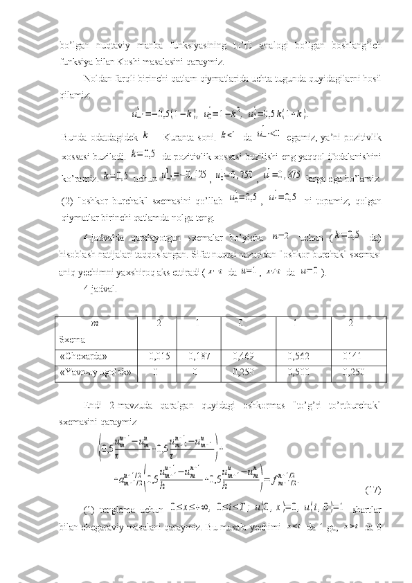 bo’lgan   nuqtaviy   manba   funksiyasining   to’rli   analogi   bo’lgan   boshlang’ich
funksiya bilan Koshi masalasini qaraymiz.
Noldan farqli birinchi qatlam qiymatlarida uchta tugunda quyidagilarni hosil
qilamiz:u−1
1	=−	0,5	(1−	k),	u0
1=	1−	k2,	u1
1=	0,5	k(1+k).
Bunda odatdagidek  	
k   –   Kuranta   soni .  	k<1   da  	u−1
1	<0   egamiz ,   ya’ni  pozitivlik
xossasi buziladi .  	
k=	0,5   da pozitivlik xossasi buzilishi eng yaqqol ifodalanishini
ko’ramiz. 	
k=	0,5  uchun 	u−1
1	=−	0,125 ,  	u0
1=	0,750 , 	u1
1=	0,375  larga ega bo’lamiz.
(2)   "oshkor   burchak"   sxemasini   qo’llab  	
u0
1=	0,5 ,  	u1
1=	0,5   ni   topamiz;   qolgan
qiymatlar birinchi qatlamda nolga teng.
4-jadvalda   qaralayotgan   sxemalar   bo’yicha  	
n=	2   uchun   (	k=	0,5   da)
hisoblash natijalari taqqoslangan. Sifat nuqtai nazaridan "oshkor burchak" sxemasi
aniq yechimni yaxshiroq aks ettiradi (	
x=t  da 	u=1 , 	x≠t  da  	u=	0 ).
4 -jadval.
m
Sxema - 2 - 1 0 1 2
«Chexarda» 0,015 - 0,187 0,469 0,562 0 1 41
«Yavnыy ugolok» 0 0 0,250 0,500 0,250
Endi   2-mavzuda   qaralgan   quyidagi   oshkormas   "to’g’ri   to’rtburchak"
sxemasini qaraymiz	
(0,5	
um
n+1−	um
n	
τ	+0,5	
um+1	
n+1−	um+1	
n	
τ	)+	
+am+1/2	
n+1/2
(0,5	
um+1	
n+1−	um
n+1	
h	+0,5	
um+1	
n	−	um
n	
h	)=	fm+1/2	
n+1/2.
(17)
(1)   tenglama   uchun  	
0≤	x≤	+∞	,	0≤	t≤	T	;	u(0,x)=	0,u(t,0)=	1   shartlar
bilan chegaraviy masalani qaraymiz.   Bu masala yechimi  	
x<t   da 1 ga,  	x>t   da 0 