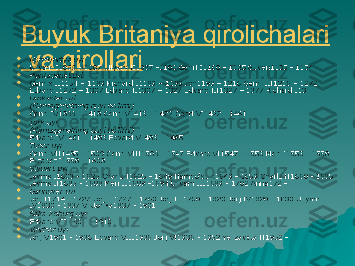 Buyuk Britaniya qirolichalari
 va qirollari
Normandiya uyi

Uilyam I1066 - 1087 Uilyam II1087 -1100 Genri I1100 - 1135 Stiven1135 - 1154

Plantagenet uyi

Genrix II1154 – 1189 Richard I1189 – 1199 Jon1199 – 1216 Genri III1216 – 1272 
Edvard I1272 – 1307 Edvard II1307 – 1327 Edvard III1327 – 1377 Richard I13

Lankaster uyi

(Plantagenetning quyi bo'limi)

Genri IV1399 - 1413 Genri V1413 - 1422 Genri VI1422 - 1461

York uyi

(Plantagenetning quyi bo'limi)

Edvard IV1461 - 1483 Edvard V1483 - 1485

Tudor uyi

Genri VII1485 - 1509 Genri VIII1509 - 1547 Edvard VI1547 - 1553 Meri I1553 - 1558 
Elizabet I1558 - 1603

Styuart uyi

Jeyms I1603 - 1625 Charlz I1625 - 1649 Hamdo'stlik1649 - 1659 Charlz II1660 - 1685 
Jeyms II1685 - 1688 Meri II1689 -1694 Uilyam III1689 - 1702 Anna172 -

Gannover uyi

Jorj I1714 - 1727 Jorj II1727 - 1760 Jorj III1760 - 1820 Jorj IV1820 - 1830 Uilyam 
IV1830 - 1837 Viktoriya1837 - 1901

Saks-Koburg uyi

Edvard VII 1901 - 1910

Vindzor uyi

Jorj V1901 - 1936 Edvard VIII1936 Jorj VI1936 - 1952 Yelizaveta II1952 - 