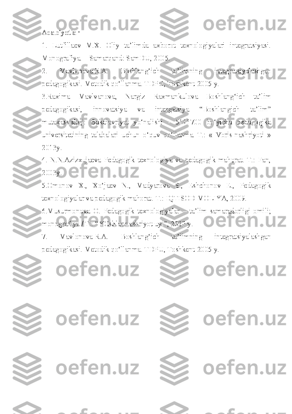 Adabiyotlar
1.   Lutfillaev   M.X.   Oliy   ta’limda   axborot   texnologiyalari   integratsiyasi.
Monografiya. – Samarqand: SamDU, 2005. 
2.   Mavlonova   R.A.   Boshlang‘ich   ta’limning   integratsiyalashgan
pedagogikasi. Metodik qo‘llanma. TDPU, Toshkent-2005 y.
3. Raxima   Mavlvanova,   Nargiz   Raxmankulova   Boshlang‘ich   ta’lim
pedagogikasi,   innovatsiya   va   intergatsiya   “Boshlangich   ta’lim”
mutaxassisligi:   Bakaiavriyat   yo‘nalishi   -   5111700   bo‘yicha   pedagogika
universitetining   talabalari   uchun   o‘quv   qo‘llanma.-T.:   «   Voris-nashriyoti   »
2013y.
4.   N.N.Azizxujaeva   Pedagogik   texnologiya   va   pedagogik   mahorat.   T.:   Fan,
2003y.
5. Omonov   X.,   Xo‘jaev   N.,   Madyarova   S.,   Eshchonov   E.,   Pedagogik
texnologiyalar va pedagogik mahorat.-T.: IQTISOD MOLIYA, 2009.
6. Musurmonova   O.   Pedagogik   texnologiyalar   –   ta’lim   samaradorligi   omili;
monografiya / T.: “YOshlar nashriyot uyi”, 2020  y . 
7.   Mavlonova   R.A.   Boshlang‘ich   ta’limning   integratsiyalashgan
pedagogikasi. Metodik qo‘llanma. TDPU, Toshkent-2005 y.  