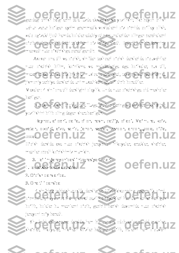 gapdagi tinish belgilarini talaffuzda aks etishi va yozilishi; fikr bayon qilish
uchun   zarur   bo‘lgan   ayrim   grammatik   vositalarni   o‘z   o‘rnida   qo‘llay   olish,
xalq og‘zaki ijodi hamda bolalar adabiyoti namunalaridan olingan parchalarni
o‘qib tushuna olish kabi talablarni o‘z ichiga oladi. Deyarli har bir darsning
maqsadi nutq o‘stirishga qaratilgandir.
         Asosan  ona tili va o‘qish, sinfdan tashqari o‘qish  darslarida o‘quvchilar
nutq   o‘stirish   bilim,   ko‘nikma   va   malakalariga   ega   bo‘lsalar,   rus   tili,
matematika,   tabiat,   odobnoma,   musiqa   madaniyati,   tasviriy   san’at,   mehnat,
jismoniy tarbiya darslarida uni mustahkamlab, to‘ldirib  boradilar.
Masalan: 4-sinf ona tili darsligini olaylik. Unda nutq o‘stirishga  oid mashqlar
berilgan. 
          Bunda   so‘zlarni   o‘qing,   talaffuzga   e’tibor   bering   va   so‘zlarni   ko‘chirib
yozilishini bilib  oling degan shart berilgan.
          Bayroq,   a’lochi,   qal’a,   e’lon,   rasm,   qat’iy,   o’ladi,   Ma’mura,   ko’z,
vatan,   olxo’ri,   a’zo,   sariq,   jahon,   san’at,   nordon,   arqon,   poda,   qit’a,
beda.
O‘qish   darsida   esa   nutq   o‘stirish   jarayonini   hikoyalar,   ertaklar,   she’rlar,
matnlar orqali ko‘rishimiz mumkin. 
       3.  Ta’lim jarayonidasi integrasiya turlari
1. Tabiatshunoslik darsida .
2.  O‘qish  darslarida.
3.  Ona tili   dars i da
          4-sinfning   tabiatshunoslik   darsligida   O‘zbekistonning   geografik   o‘rni,
o‘rmonlari, hayvonot olami, erosti qazilma boyliklari haqida matnlar berilgan
bo‘lib,   bolalar   bu   matnlarni   o‘qib,   gapirib   berish   davomida   nutq   o‘stirish
jarayoni ro‘y beradi.
Shu   kabi   odobnoma   darsida   ham   bir   qancha   odob-axloqga   oid   matnlar ,
she’rlar,   hikoyalar,   hikmatli   so‘zlar   berilgan   bo‘lib,   bularni   ham   o‘quvchi 