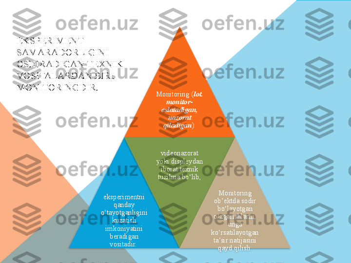 EKSPERIMENT 
SAMARADORLIGINI 
OSHIRADIGAN TEXNIK 
VOSITALARDAN BIRI 
MONITORINGDIR. 
Monitoring ( lot. 
monitor-
eslatadigan, 
nazorat 
qiladigan ) 
eksperimentni 
qanday 
o‘tayotganligini 
kuzatish 
imkoniyatini 
beradigan 
vositadir.  videonazorat 
yoki displeydan 
iborat texnik 
tuzilma bo‘lib,
Monitoring 
ob’ektda sodir 
bo‘layotgan 
o‘zgarishlarni, 
unga 
ko‘rsatilayotgan 
ta’sir natijasini 
qayd qilish.      