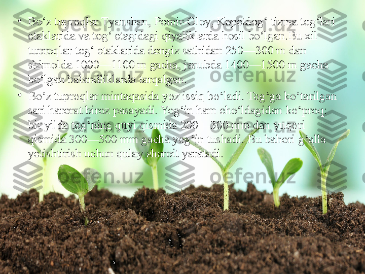 •
Bo‘z tuproqlar  Т yanshan, Pomir-Oloy, Kopetdog‘ tizma   tog‘lari 
etaklarida va tog‘ etagidagi qiyaliklarda hosil bo‘lgan.Bu xil 
tuproqlar tog‘ etaklarida dengiz sathidan 250—300 m   dan 
shimolda 1000—1100 m gacha, janubda 1400—1500 m   gacha 
bo‘lgan balandliklarda tarqalgan.
•
Bo‘z tuproqlar mintaqasida yoz issiq bo‘ladi. Tog‘ga ko‘tarilgan 
sari harorat biroz pasayadi. Yog‘in ham cho‘ldagidan   ko‘proq: 
bir yilda tog‘ning quyi qismida 200—300 mm dan   yuqori 
qismida 300—500 mm gacha yog‘in tushadi. Bu bahori   g‘alla 
yetishtirish uchun qulay sharoit yaratadi.   