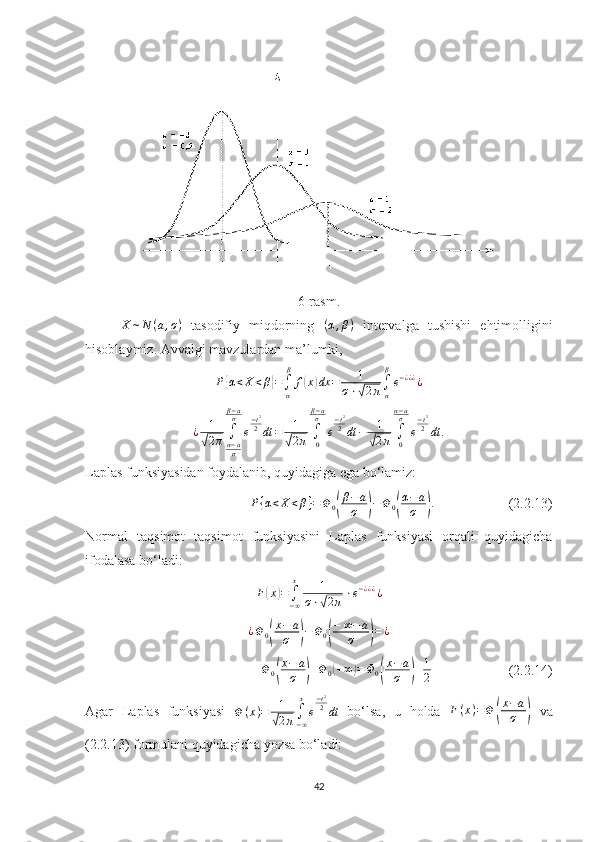 6-rasm.
X ∼ N ( a , σ )
  tasodifiy   miqdorning  (α,β)   intervalga   tushishi   ehtimolligini
hisoblaymiz. Avvalgi mavzulardan ma’lumki, 	
P{α<X	<β}=∫α
β	
f(x)dx	=	1	
σ⋅√2π∫α
β
e−¿¿¿¿
¿ 1	
√
2 π ∫
α − a
σβ − a
σ
e − t 2
2
dt = 1	√
2 π ∫
0β − a
σ
e − t 2
2
dt − 1	√
2 π ∫
0α − a
σ
e − t 2
2
dt .
Laplas funksiyasidan foydalanib, quyidagiga ega bo‘lamiz:	
P{α<X<β}=Φ0(
β−a
σ	)−Φ0(
α−	a
σ	).
                     (2.2.13)
Normal   taqsimot   taqsimot   funksiyasini   Laplas   funksiyasi   orqali   quyidagicha
ifodalasa bo‘ladi:	
F(x)=∫−∞
x	1	
σ⋅√2π⋅e−¿¿¿¿
¿ Φ
0	
( x − a
σ	) − Φ
0	( − ∞ − a
σ	) = ¿
= Φ
0	
( x − a
σ	) + Φ
0	( + ∞	) = Φ
0	( x − a
σ	) + 1
2                       (2. 2 .14)
Agar   Laplas   funksiyasi   Φ ( x ) = 1	
√
2 π ∫
− ∞x
e − t 2
2
dt
  bo‘lsa,   u   holda   F ( x ) = Φ	( x − a
σ	)   va
(2. 2 .13) formulani quyidagicha yozsa bo‘ladi:
42 