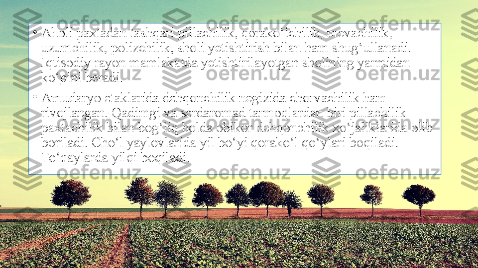 •
Aholi paxtadan tashqari pillachilik, qorako‘lchilik, mevachilik, 
uzumchilik, polizchilik, sholi yetishtirish bilan ham shug‘ullanadi. 
Iqtisodiy rayon mamlakatda yetishtirilayotgan sholining yarmidan 
ko‘pini beradi.
•
Amudaryo etaklarida dehqonchilik negizida chorvachilik ham 
rivojlangan. Qadimgi va serdaromad tarmoqlardan biri pillachilik 
paxtachilik bilan bog‘liq holda obikor dehqonchilik xo‘jaliklarida olib 
boriladi. Cho‘l yaylovlarida yil bo‘yi qorako‘l qo‘ylari boqiladi. 
To‘qaylarda yilqi boqiladi. 