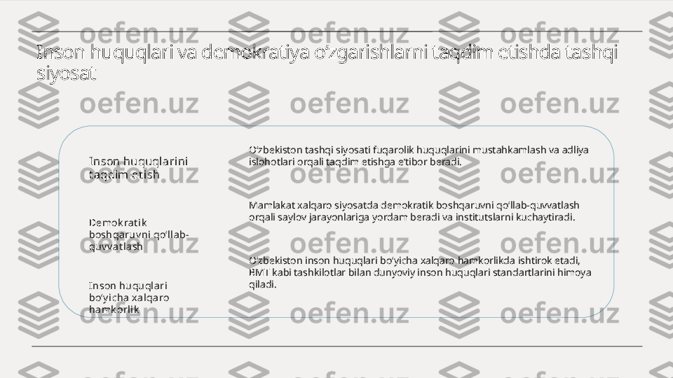 Inson huquqlari va demokratiya o‘zgarishlarni taqdim etishda tashqi 
siyosat
Inson huquql arini 
t aqdim et ish
Demok rat i k  
boshqaruv ni qo‘lla b-
quv v at la sh
I nson huquql ari 
bo‘y i cha x alqaro 
hamk orlik O‘zbekiston tashqi siyosati fuqarolik huquqlarini mustahkamlash va adliya 
islohotlari orqali taqdim etishga e’tibor beradi.
Mamlakat xalqaro siyosatda demokratik boshqaruvni qo‘llab-quvvatlash 
orqali saylov jarayonlariga yordam beradi va institutslarni kuchaytiradi.
O‘zbekiston inson huquqlari bo‘yicha xalqaro hamkorlikda ishtirok etadi, 
BMT kabi tashkilotlar bilan dunyoviy inson huquqlari standartlarini himoya 
qiladi. 