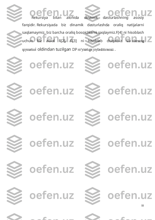 Rekursiya   bilan   alohida   dinamik   dasturlashning   asosiy
farqidir.   Rekursiyada   biz   dinamik   dasturlashda   oraliq   natijalarni
saqlamaymiz, biz barcha oraliq bosqichlarni saqlaymiz.F[4] ni hisoblash
uchun   biz   avval   F[2],   F[3]   ni   hisoblab   chiqamiz   va   ularning
qiymatin i   oldindan tuzilgan   DP ro'yxatiga joylashtiramiz   .
15 