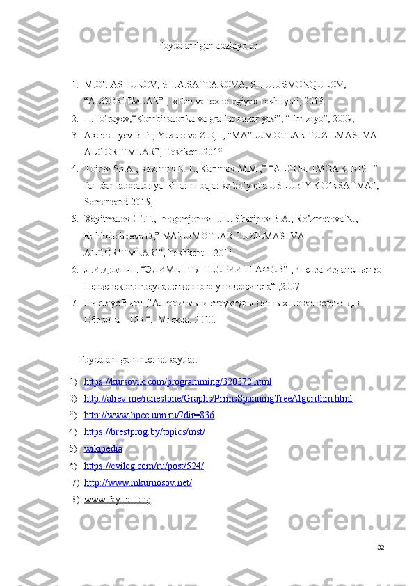 Foydalanilgan adabiyolar
1. M.O‘. ASHUROV, SH.A.SATTAROVA, SH.U.USMONQULOV,  
“ALGORITMLAR” ,  «Fan va texnologiya» nashriyoti, 2018.
2. H.To’rayev,“Kombinatorika va graflar nazariyasi”, “Ilm ziyo”, 2009,
3. Akbaraliyev B.B., Yusupova Z.Dj.  ,  “MA LUMOTLAR TUZILMASI VA ‟
ALGORITMLAR”, Toshkent 2013
4. Toirov Sh.A., Raximov R.T., Karimov M.M ,” “ALGORITMGA KIRISH” 
fanidan laboratoriya ishlarini bajarish bo’yicha USLUBIY KO’RSATMA”, 
Samarqand 2015,
5. Xayitmatov O’.T., Inogomjonov E.E., Sharipov B.A., Ro’zmetova N., 
Rahimboboeva D,” MA'LUMOTLAR TUZILMASI VA 
ALGORITMLARI”, Toshkent – 2011
6. Л.И.Домнин, “ЭЛИМЕНТЫ ТЕОРИИ ГРАФОВ” ,  “ Пенза Издательство 
Пензенского государственного университета“ ,2007
7. Никлаус Вирт ,”Алгоритмы и структуры данных Новая версия для 
Оберона + CD “,  Москва, 2010.
Foydalanilgan internet saytlar:
1) https://kursovik.com/programming/320372.html   
2) http://aliev.me/runestone/Graphs/PrimsSpanningTreeAlgorithm.html   
3) http://www.hpcc.unn.ru/?dir=836   
4) https://brestprog.by/topics/mst/   
5) wikipedia   
6) https://evileg.com/ru/post/524/   
7) http://www.mkurnosov.net/   
8) www.fayllar .org   
32 