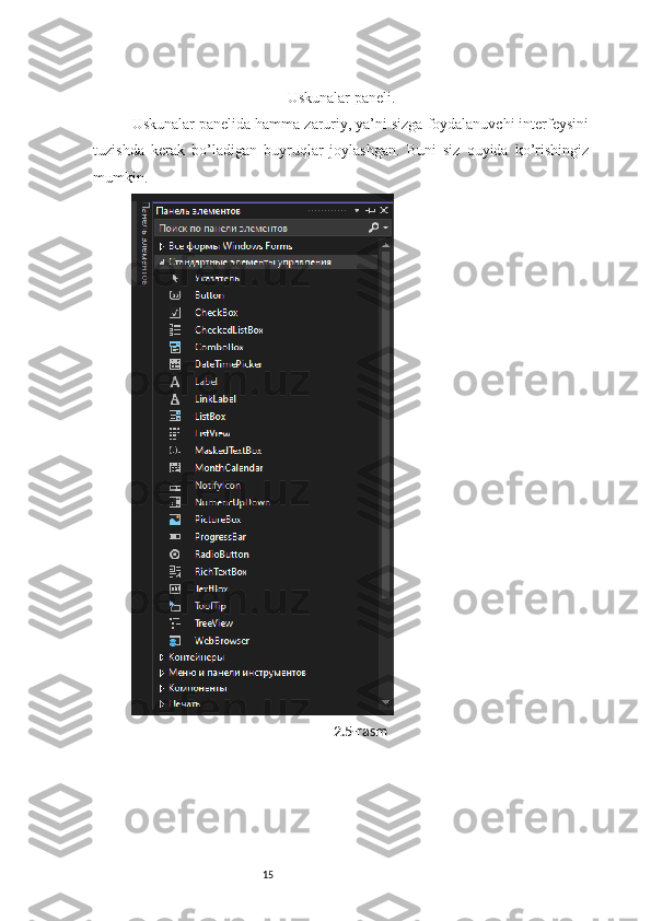 15 Uskunalar paneli.
Uskunalar panelida hamma zaruriy, ya’ni sizga foydalanuvchi interfeysini
tuzishda   kerak   bo’ladigan   buyruqlar   joylashgan.   Buni   siz   quyida   ko’rishingiz
mumkin.
2.5-rasm 