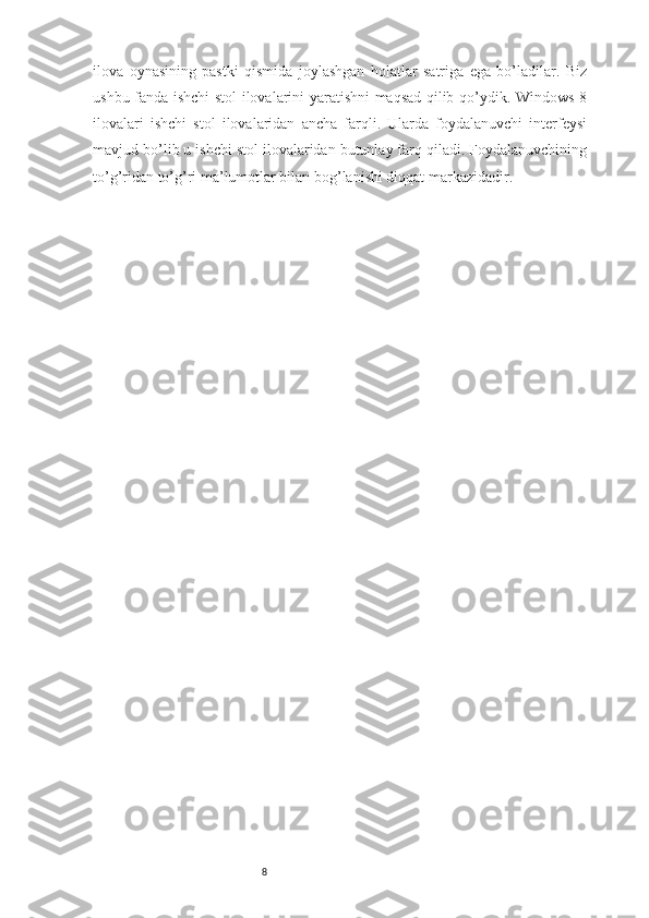 8ilova   oynasining   pastki   qismida   joylashgan   holatlar   satriga   ega   bo’ladilar.   Biz
ushbu fanda ishchi stol ilovalarini yaratishni maqsad qilib qo’ydik. Windows 8
ilovalari   ishchi   stol   ilovalaridan   ancha   farqli.   Ularda   foydalanuvchi   interfeysi
mavjud bo’lib u ishchi stol ilovalaridan butunlay farq qiladi. Foydalanuvchining
to’g’ridan to’g’ri ma’lumotlar bilan bog’lanishi diqqat markazidadir.  