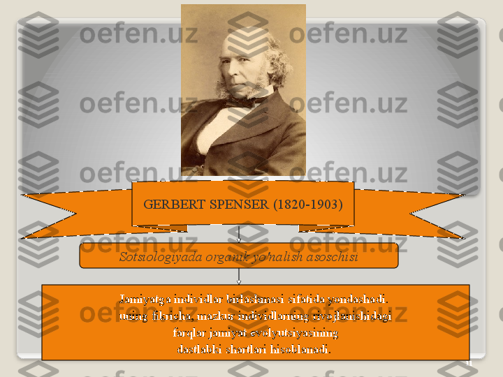 11G Е RB Е RT   SP Е NS Е R  (1820-1903)
S о tsi о l о giyad а о rg а nik   yo'n а lish  а s о schisi
J а miyatg а  individl а r   birl а shm а si   sif а tid а  yond а sh а di . 
uning   fikrich а,  m а zkur   individl а rning   riv о jl а nishid а gi
  f а rql а r   j а miyat   ev о lyutsiyasining  
d а stl а bki   sh а rtl а ri   his о bl а n а di .    