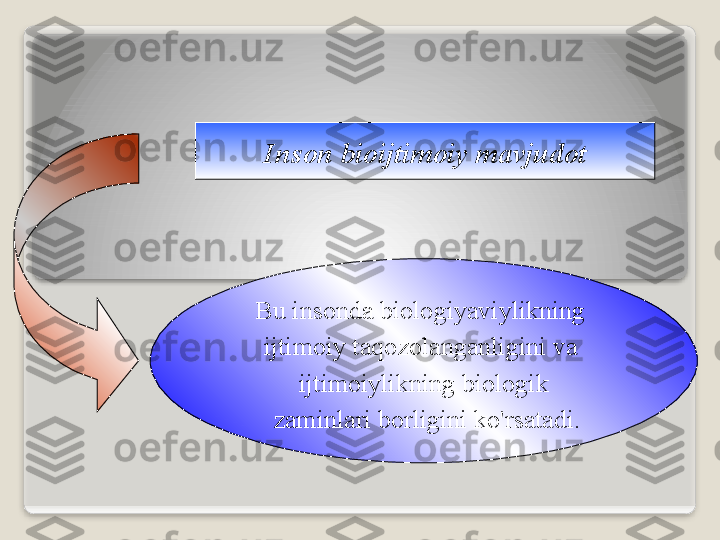 Ins о n   bi о ijtim о iy   m а vjud о t
Bu   ins о nd а  bi о l о giyaviylikning  
ijtim о iy   t а q о z о l а ng а nligini   v а 
ijtim о iylikning   bi о l о gik
  z а minl а ri   b о rligini   ko'rs а t а di .   