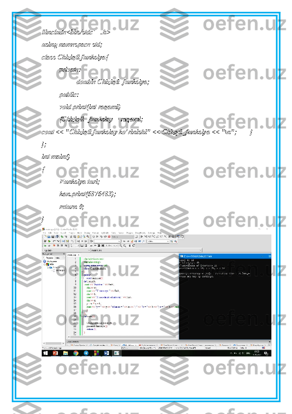 #include<bits/stdc++.h>
using namespace std;
class Chiziqli funksiya{
private:
double Chiziqli_funksiya;
public:
void print(int raqami)
{Chiziqli _funksiay = raqami;
cout << "Chiziqli funksiay ko’rinishi" << Chizqli_funksiya << "\n"; }
};
int main()
{
Funksiya turi;
kan.print(6876483);
return 0;
} 