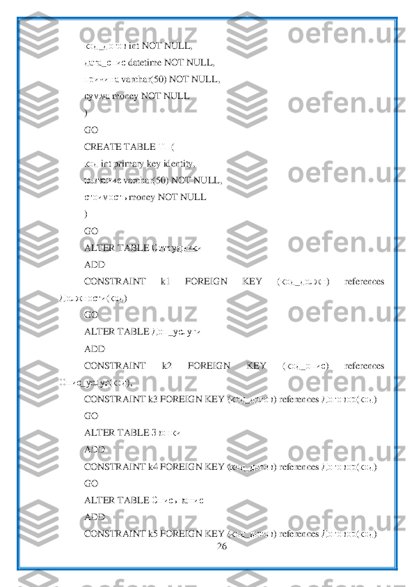  	
26	 	
 	
код	_догов	 int NOT NULL,	 	 	
дата	_спис	 datetime NOT NULL,	 	
причина	 varchar(50) NOT NULL,	 	
сумма	 money NOT NULL	 	
) 
GO	 	
CREATE TABLE 	ТП	( 	
код	 int primary key identity,	 	
название	 varchar(	50) NOT NULL,	 	
стоимость	 money NOT NULL	 	
) 
GO	 	
ALTER TABLE	 Сотрудники	  	
ADD	 	
CONSTRAINT  k1  FOREIGN  KEY  (	код	_должн	)  references 	
Должности	(код	)  	
GO	 	
ALTER TABLE 	Доп	_услуги	  	
ADD	 	
CONSTRAINT  k2  FOREIGN  KEY  (	код	_опис	)  references 	
Опис	_услуг	(код	), 	
CONSTRAINT k3 FOREIGN K	EY (	код	_догов	) references 	Договор	(код	)  	
GO	 	
ALTER TABLE 	Звонки	  	
ADD	 	
CONSTRAINT k4 FOREIGN KEY (	код	_догов	) references 	Договор	(код	)  	
GO	 	
ALTER TABLE 	Списывание	 	
ADD	 	
CONSTRAINT k5 FOREIGN KEY (	код	_догов	) references 	Договор	(код	)   