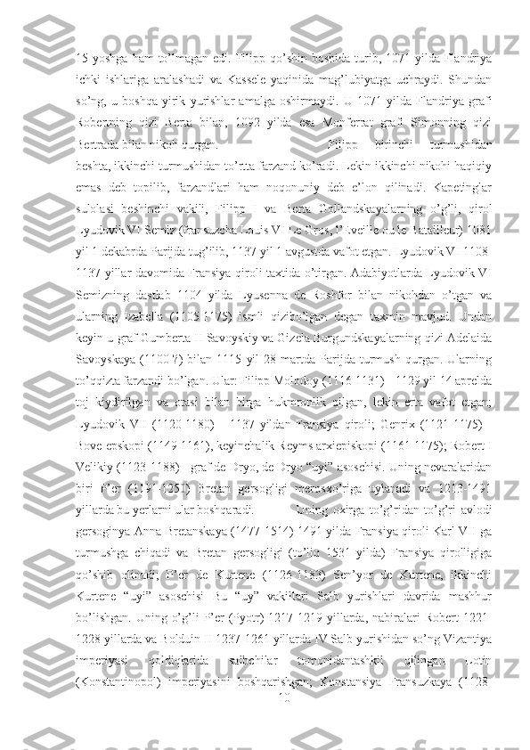 15 yoshga ham  to’lmagan edi. Filipp qo’shin  boshida turib, 1071 yilda Flandriya
ichki   ishlariga   aralashadi   va   Kassele   yaqinida   mag’lubiyatga   uchraydi.   Shundan
so’ng,   u   boshqa   yirik   yurishlar   amalga   oshirmaydi.   U   1071   yilda   Flandriya   grafi
Robertning   qizi   Berta   bilan,   1092   yilda   esa   Monferrat   grafi   Simonning   qizi
Bertrada bilan nikoh qurgan.  Filipp   birinchi   turmushidan
beshta, ikkinchi turmushidan to’rtta farzand ko’radi. Lekin ikkinchi nikohi haqiqiy
emas   deb   topilib,   farzandlari   ham   noqonuniy   deb   e’lon   qilinadi.   Kapetinglar
sulolasi   beshinchi   vakili,   Filipp   I   va   Berta   Gollandskayalarning   o’g’li,   qirol
Lyudovik VI Semiz (fransuzcha Louis VI Le Gros, l’Eveille ou le Batailleur) 1081
yil 1 dekabrda Parijda tug’ilib, 1137 yil 1 avgustda vafot etgan. Lyudovik VI 1108-
1137 yillar davomida Fransiya qiroli taxtida o’tirgan. Adabiyotlarda Lyudovik VI
Semizning   dastlab   1104   yilda   Lyusenna   de   Roshfor   bilan   nikohdan   o’tgan   va
ularning   Izabella   (1105-1175)   ismli   qizibo’lgan   degan   taxmin   mavjud.   Undan
keyin u graf Gumberta II Savoyskiy va Gizela Burgundskayalarning qizi Adelaida
Savoyskaya   (1100-?)   bilan   1115   yil   28   martda   Parijda   turmush   qurgan.   Ularning
to’qqizta farzandi bo’lgan. Ular: Filipp Molodoy (1116-1131) - 1129 yil 14 aprelda
toj   kiydirilgan   va   otasi   bilan   birga   hukmronlik   qilgan,   lekin   erta   vafot   etgan;
Lyudovik   VII   (1120-1180)   -   1137   yildan   Fransiya   qiroli;   Genrix   (1121-1175)   -
Bove epskopi (1149-1161), keyinchalik Reyms arxiepiskopi (1161-1175); Robert I
Velikiy (1123-1188) - graf de Dryo, de Dryo “uyi” asoschisi. Uning nevaralaridan
biri   P’er   (1191-1250)   Bretan   gersogligi   merosxo’riga   uylanadi   va   1213-1491
yillarda bu yerlarni ular boshqaradi.  Uning   oxirga   to’g’ridan   to’g’ri   avlodi
gersoginya Anna Bretanskaya (1477-1514) 1491 yilda Fransiya qiroli Karl VII ga
turmushga   chiqadi   va   Bretan   gersogligi   (to’liq   1531   yilda)   Fransiya   qirolligiga
qo’shib   olinadi;   P’er   de   Kurtene   (1126-1183)   Sen’yor   de   Kurtene,   ikkinchi
Kurtene   “uyi”   asoschisi   Bu   “uy”   vakillari   Salb   yurishlari   davrida   mashhur
bo’lishgan.  Uning  o’g’li  P’er  (Pyotr)  1217-1219 yillarda, nabiralari  Robert   1221-
1228 yillarda va Bolduin II 1237-1261 yillarda IV Salb yurishidan so’ng Vizantiya
imperiyasi   qoldiqlarida   salbchilar   tomonidantashkil   qilingan   Lotin
(Konstantinopol)   imperiyasini   boshqarishgan;   Konstansiya   Fransuzkaya   (1128-
10 