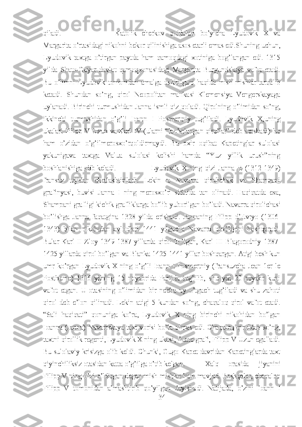 qiladi.  Katolik   cherkov   qoidalari   bo’yicha   Lyudovik   X   va
Margarita o’rtasidagi nikohni bekor qilinishiga asos etarli emas edi.Shuning uchun,
Lyudovik   taxtga   o’tirgan   paytda   ham   qamoqdagi   xotiniga   bog’langan   edi.   1315
yilda   Shato-Gayar   davlat   qamoqxonasidagi   Margarita   Burgundskaya   vafot   etadi.
Bu   o’limni   Lyudovik   tomonidan   amalga   oshirilgani   haqida   mish-mishlar   tarqalib
ketadi.   Shundan   so’ng,   qirol   Neopolitan   malikasi   Klemensiya   Vengerskayaga
uylanadi. Birinchi turmushidan Janna ismli qiz qoladi. Qirolning o’limidan so’ng,
ikkinchi   turmushidan   o’g’li   Ioann   I   Posmertniy   tug’iladi.   Lyudovik   X,uning
ukalari Filipp V Uzun va Karl IV (ularni “lan’atlangan qirollar” deb atashadi) lar
ham   o’zidan   o’g’ilmerosxo’rqoldirmaydi.   Bu   oxir   oqibat   Kapetinglar   sulolasi
yakunigava   taxtga   Valua   sulolasi   kelishi   hamda   “Yuz   yillik   urush”ning
boshlanishiga olib keladi. Lyudovik   X   ning   qizi   Janna   II   (1312-1349)
fransuz   tojidan   chetlashtiriladi.   Lekin   u   Navarra   qirolichasi   va   Shampani
grafinyasi,   buvisi   Janna   I   ning   merosxo’ri   sifatida   tan   olinadi.   Haqiqatda   esa,
Shampani grafligi kichik grafliklarga bo’lib yuborilgan bo’ladi. Navarra qirolichasi
bo’lishga   Janna   faqatgina   1328   yilda   erishadi.   Jannaning   Filipp   d’Evryo   (1306-
1343)   bilan   nikohidan   avlodlari   1441   yilgacha   Navarra   qirolligini   boshqaradi.
Bular   Karl   II   Zloy   1349-1387   yillarda   qirol   bo’lgan,   Karl   III   Blagorodniy   1387-
1425 yillarda qirol bo’lgan va Blanka 1425-1441 yillar boshqargan. Atigi besh kun
umr   ko’rgan   Lyudovik   X   ning   o’g’li   Ioann   I   Posmertniy   (fransuzcha   Jean   1er   le
Posthume)   1316   yilning   15   noyabrida   Parijda   tug’ilib,   shu   yili   20   noyabr   kuni
vafot   etgan.   U   otasining   o’limidan   bir   necha   oy   o’tgach   tug’iladi   va   shu   zahoti
qirol   deb   e’lon   qilinadi.   Lekin   atigi   5   kundan   so’ng,   chaqaloq-qirol   vafot   etadi.
“Sali   haqiqati”   qonuniga   ko’ra,   Lyudovik   X   ning   birinchi   nikohidan   bo’lgan
Ioanna (Janna) Navarrskaya taxt vorisi bo’la olmas edi. Chaqaloq-qiroldan so’ng,
taxtni qirollik regenti, Lyudovik X ning ukasi, Puate grafi, Filipp V Uzun egalladi.
Bu sulolaviy krisizga olib keldi. Chunki, Gugo Kapet davridan Kapetinglarda taxt
qiyinchiliksiz otasidan katta o’g’ilga o’tib kelgan.  Xalq   orasida   jiyanini
Filipp V ning o’zi o’ldirgan degan mish-mishlar ham mavjud. Boshqalar, chaqaloq
Filipp   V   tomonidan   almashtirib   qo’yilgan   deyishadi.   Natijada,   o’zini   Ioann   I
34 
