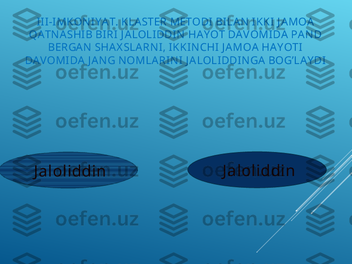 III-IMKON IY AT. KLASTER METODI BILAN  IKKI J AMOA 
QATN ASHIB BIRI J ALOLI DDIN  HAY OT DAVOMIDA PAN D 
BERGAN  SHAX SLARN I, IKKIN CHI J AMOA HAY OTI 
DAVOMIDA J AN G N OMLARINI  J A LOLIDDI NGA BOG’LA Y DI
 
  J aloliddin  
  J aloliddin 