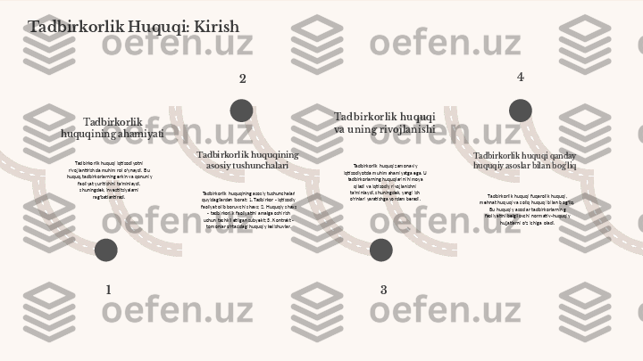 Tadbirkorlik Huquqi: Kirish
Tadbirkorlik 
huquqining ahamiyati
Tadbirkorlik huquqi iqtisodiyotni 
rivojlantirishda muhim rol o'ynaydi. Bu 
huquq, tadbirkorlarning erkin va qonuniy 
faoliyat yuritishini ta'minlaydi, 
shuningdek, investitsiyalarni 
rag'batlantiradi. Tadbirkorlik huquqining 
asosiy tushunchalari
Tadbirkorlik huquqining asosiy tushunchalari 
quyidagilardan iborat: 1. Tadbirkor - iqtisodiy 
faoliyat olib boruvchi shaxs; 2. Huquqiy shaxs 
- tadbirkorlik faoliyatini amalga oshirish 
uchun tashkil etilgan subyekt; 3. Kontrakt - 
tomonlar o'rtasidagi huquqiy kelishuvlar. Tadbirkorlik huquqi 
va uning rivojlanishi
Tadbirkorlik huquqi zamonaviy 
iqtisodiyotda muhim ahamiyatga ega. U 
tadbirkorlarning huquqlarini himoya 
qiladi va iqtisodiy rivojlanishni 
ta'minlaydi, shuningdek, yangi ish 
o'rinlari yaratishga yordam beradi. Tadbirkorlik huquqi qanday 
huquqiy asoslar bilan bog'liq
Tadbirkorlik huquqi fuqarolik huquqi, 
mehnat huquqi va soliq huquqi bilan bog'liq. 
Bu huquqiy asoslar tadbirkorlarning 
faoliyatini belgilovchi normativ-huquqiy 
hujjatlarni o'z ichiga oladi.
1 2
3 4 