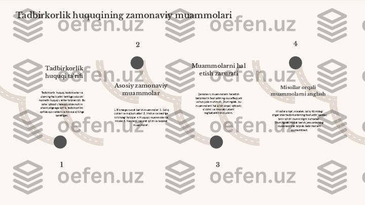 Tadbirkorlik huquqining zamonaviy muammolari
Tadbirkorlik 
huquqi ta'rifi
Tadbirkorlik huquqi, tadbirkorlar va 
ularning faoliyatini tartibga soluvchi 
normativ huquqiy aktlar to'plamidir. Bu 
soha iqtisodiy taraqqiyotda muhim 
ahamiyatga ega bo'lib, tadbirkorlikni 
qo'llab-quvvatlash va himoya qilishga 
qaratilgan. Asosiy zamonaviy 
muammolar
1. Biznesga ruxsat berish muammolari 2. Soliq 
yuklari va majburiyatlari 3. Moliya va kreditga 
kirishdagi to'siqlar 4. Huquqiy muammolar va 
nizolar 5. Narxlarni nazorat qilish va raqobat 
muammolari. Muammolarni hal 
etish zarurati
Zamonaviy muammolarni hal etish 
tadbirkorlik faoliyatining muvaffaqiyati 
uchun juda muhimdir. Shuningdek, bu 
muammolarni hal qilish orqali iqtisodiy 
o'sishni va innovatsiyalarni 
rag'batlantirish mumkin. Misollar orqali 
muammolarni anglash
Misollar orqali, masalan, soliq tizimidagi 
o'zgarishlar tadbirkorlarning faoliyatini qanday 
ta'sir qilishi mumkinligini ko'rsatadi. 
Shuningdek, ruxsat berish jarayonlaridagi 
murakkabliklar ko'plab tadbirkorlarni 
qiyinlashtiradi.
1 2
3 4 