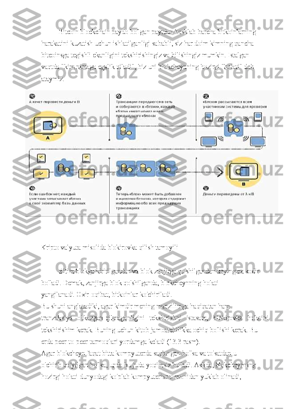 Bitcoin blockchain paydo bo'lgan paytdan boshlab barcha bitkoinlarning
harakatini kuzatish uchun ishlatilganligi sababli, siz har doim kimning qancha
bitcoinsga tegishli ekanligini tekshirishingiz va bilishingiz mumkin. Istalgan
vaqtda "kim nimaga egalik qiladi", biz uni blokcheynning hozirgi "holati" deb
ataymiz.
Kripto valyuta misolida blokirovka qilish tamoyili
Bitim blokga kiritilgandan va blok zanjirga qo'shilgandan keyingina sodir
bo'ladi. Demak, zanjirga blok qo'shilganda, blokcheynning holati
yangilanadi. Oxir-oqibat, bitkoinlar ko'chiriladi.
Bu shuni anglatadiki, agar kimdir mening manzilimga haqiqatan ham
tranzaksiya   o'tkazgan-qilmaganligini   tekshirishni   istasam,   blokirovka   holatini
tekshirishim kerak. Buning uchun kitob jamoatchilikka ochiq bo'lishi kerak. Bu
erda peer-to-peer tarmoqlari yordamga keladi (13.3-rasm).
Agar blokcheyn faqat bitta kompyuterda saqlangan bo'lsa va to'satdan u
o'chirib qo'yilgan bo'lsa, unda bu juda yoqimsiz bo'ladi. Aslida, blokcheynning
hozirgi holati dunyodagi ko'plab kompyuterlar tomonidan yuklab olinadi, 