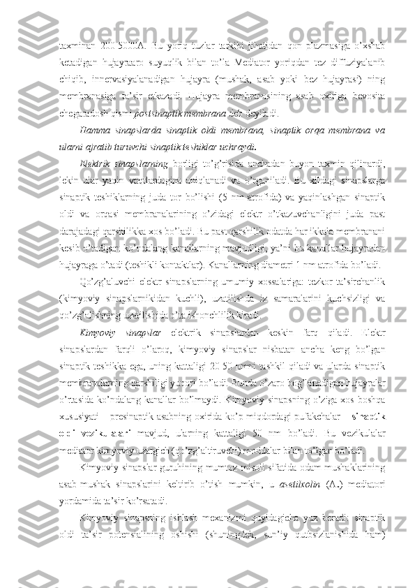 taxminan   200-5000A.   Bu   yoriq   tuzlar   tarkibi   jihatidan   qon   plazmasiga   o’xshab
ketadigan   hujayraaro   suyuqlik   bilan   to’la   Mediator   yoriqdan   tez   diffuziyalanib
chiqib,   innervasiyalanadigan   hujayra   (mushak,   asab   yoki   bez   hujayrasi)   ning
membranasiga   ta’sir   etkazadi.   Hujayra   membranasining   asab   oxiriga   bevosita
chegaradosh qismi  postsinaptik membrana  deb deyiladi.
Hamma   sinapslarda   sinaptik   oldi   membrana ,   sinaptik   orqa   membrana   va
ularni ajratib turuvchi   sinaptik teshiklar   uchraydi .
Elektrik   sinapslarning   borligi   to’g’risida   anchadan   buyon   taxmin   qilinardi,
lekin   ular   yaqin   vaqtlardagina   aniqlanadi   va   o’rganiladi.   Bu   xildagi   sinapslarga
sinaptik   teshiklarning   juda   tor   bo’lishi   (5   nm   atrofida)   va   yaqinlashgan   sinaptik
oldi   va   orqasi   membranalarining   o’zidagi   elektr   o’tkazuvchanligini   juda   past
darajadagi qarshilikka xos bo’ladi. Bu past qarshilik odatda har ikkala membranani
kesib o’tadigan ko’ndalang kanallarning mavjudligi, ya’ni bu kanallar hujayradan
hujayraga o’tadi (teshikli kontaktlar). Kanallarning diametri 1 nm atrofida bo’ladi.
Qo’zg’aluvchi   elektr   sinapslarning   umumiy   xossalariga:   tezkor   ta’sirchanlik
(kimyoviy   sinapslarnikidan   kuchli),   uzatilishda   iz   samaralarini   kuchsizligi   va
qo’zg’alishning uzatilishida o’ta ishonchlilik kiradi.
Kimyoviy   sinapslar   elektrik   sinapslardan   keskin   farq   qiladi.   Elektr
sinapslardan   farqli   o’laroq,   kimyoviy   sinapslar   nisbatan   ancha   keng   bo’lgan
sinaptik teshikka ega, uning kattaligi  20-50 nmni  tashkil  qiladi va ularda sinaptik
membranalarning qarshiligi yuqori bo’ladi. Bunda o’zaro bog’lanadigan hujayralar
o’rtasida ko’ndalang kanallar  bo’lmaydi. Kimyoviy sinapsning  o’ziga xos boshqa
xususiyati – presinaptik asabning oxirida ko’p miqdordagi pufakchalar –   sinaptik
oldi   vezikulalari   mavjud,   ularning   kattaligi   50   nm   bo’ladi.   Bu   vezikulalar
mediator kimyoviy uzatgich (qo’zg’altiruvchi) moddalar bilan to’lgan bo’ladi.
Kimyoviy sinapslar guruhining mumtoz misoli sifatida odam mushaklarining
asab-mushak   sinapslarini   keltirib   o’tish   mumkin,   u   asetilxolin   (A
x )   mediatori
yordamida ta’sir ko’rsatadi.
Kimyoviy   sinapsning   ishlash   mexanizmi   quyidagicha   yuz   beradi:   sinaptik
oldi   ta’sir   potensialining   oshishi   (shuningdek,   sun’iy   qutbsizlanishida   ham) 