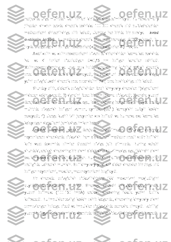 natijasida unga muhitdan Ca 2+
  ionlari kirib kelishini ta’minlaydi. Bu narsa amaliy
jihatdan   sinxron   tarzda   sinaptik   teshikka   100-200   sinaptik   oldi   pufakchalaridan
mediatorlarni   chiqarilishiga   olib   keladi,   ularning   har   birida   bir   porsiya   –   kvant
asetilxolin   bo’ladi.   Bu   mediator   sinaptik   orqa   membranasiga   diffuziyalanadi,   bu
joyda ularga tegishli bo’lgan reseptorlar (xolinoreseptorlar X
r ) mavjud.
Asetilxolin   va   xolinoreseptorlarni   o’zaro   ta’sirlanishidan   ketma-ket   ravishda
Na +
  va   K +
  ionlari   o’taoladigan   d  0,65   nm   bo’lgan   kanallar   ochiladi.
Xolinoreseptorlarning   va   unga   mos   holda   kanallarning   ko’pligi   tufayli   sinaptik
orqa   membranasini   qarshiligi   kamayadi,   bu   narsa   uni   qisman   qutbsizlanishiga,
ya’ni qo’zg’aluvchi sinaptik orqa potensialini rivoj topa boshlashiga olib keladi.
Shunday qilib, elektrik qo’zg’alishdan farqli kimyoviy sinapslar: 1)signallarni
nisbatan sekin uzatadi; 2) signalni faqat bir tomonlama o’tkazadi; 3) ancha yuqori
darajadagi   uzatilish   barqororligiga   ega,   lekin   ularning   barqarorligi   hujayra   oraliq
muhitida   o’zgarish   bo’lgani   zamon,   ayniqsa   (Ca 2+
)   kamayishi   tufayli   keskin
pasayadi;   4)   ularga   kuchli   izli   jarayonlar   xos   bo’ladi   va   bu   narsa   esa   ketma-ket
kelayotgan signallarni jamlashga imkon beradi.
Aralash   sinapslar   yetarli   darajada   o’rganilmagan.   Shunga   qaramay
neyronlararo sinapslarda o’tkazish   ham elektr, ham mediator orqali sodir bo’lishi
ko’p   vaqt   davomida   olimlar   diqqatini   o’ziga   jalb   qilmoqda.   Buning   sababi
shundaki, aralash sinapsning bir qismi elektr sinaps tuzilmasiga ega, ikkinchi qismi
esa kimyoviy sinaps shaklida tuzilgan. Bu sinapslarni afferent va efferent neyronlar
oralig’ida uchratish mumkin. Sof kimyoviy yoki sof  elektr  sinapslar  bir tipga oid
bo’lgan neyronlarni, masalan, matoneyronlarni bog’laydi.
Bir   sinapsda   qo’zg’alish   o’tkazilishining   ikki   mexanizmi   mavjudligini
quyidagicha   tushuntirish   mumkin.   Sinapsga   keluvchi   impulslar   tezligi   uncha
yuqori   bo’lmasa   (100-150   imp/s)   aralash   sinapsning   ikkala   yarmi   faollik
ko’rsatadi. Bu impulslar tezligi keskin oshib ketganda, sinapsning kimyoviy qismi
tormozlangan holatga o’tadi va impulslar o’takazishda qatnasha olmaydi. Labilligi
yuqori bo’lgan  elektr qismi shu sharoitda impulslar o’tkazilishini ta’minlab turadi. 