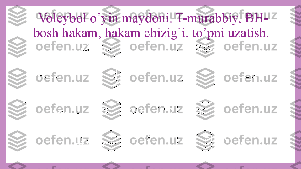   Voleybol o’yin maydoni. T-murabbiy, BH-
bosh hakam, hakam chizig’i, to’pni uzatish. 