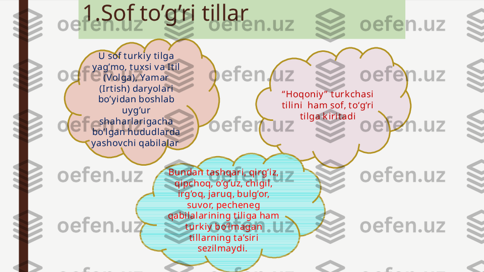 1.S of to’g’ri til lar
U sof t urk i y  t i lga 
y ag’mo, t uxsi v a It il 
(Vol ga), Yamar 
(Irt ish) dary olari  
bo’y idan boshlab 
uy g’ur 
shaharlari gacha 
bo’lgan hududlarda 
y ashov chi qabi lalar  “ H oqoniy ”  t urk chasi 
t ilini   ham sof, t o‘g‘ri  
t ilga  k irit adi
Bundan t ashqari, qirg’iz, 
qipchoq, o’g’uz, chigil, 
irg’oq, jaruq, bulg’or, 
suv or, pecheneg 
qabilal ari ni ng t il iga ham 
t urk iy  bo’lmagan 
t illarning t a’siri 
sezilmay di.  