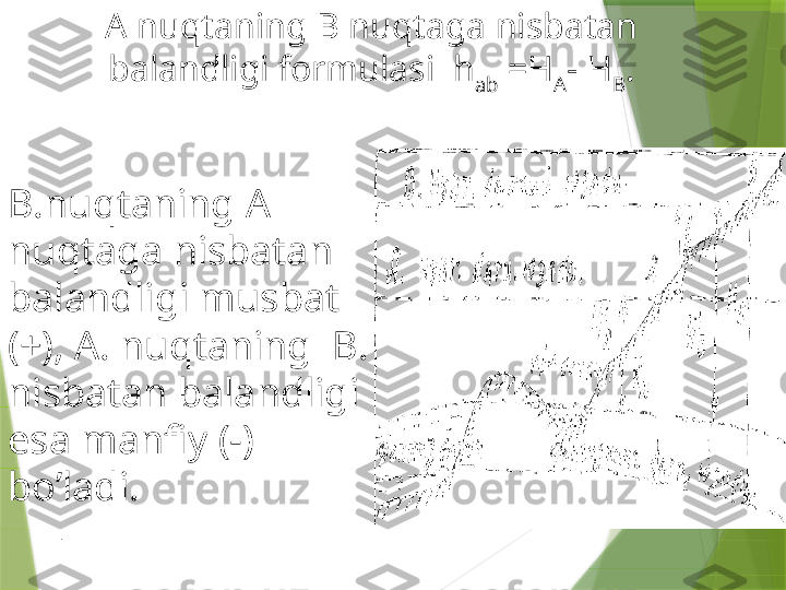 В. nuqtaning  А 
nuqtaga   nisbatan  
balandligi musbat  
(+), А.  nuqtaning   В.  
nisbatan   balandligi  
esa manfiy  (-) 
bo’ladi .А  nuqtaning  В  nuqtaga   nisbatan 
balandligi formulasi    h
а b  =Н
A - Н
B .
.                 