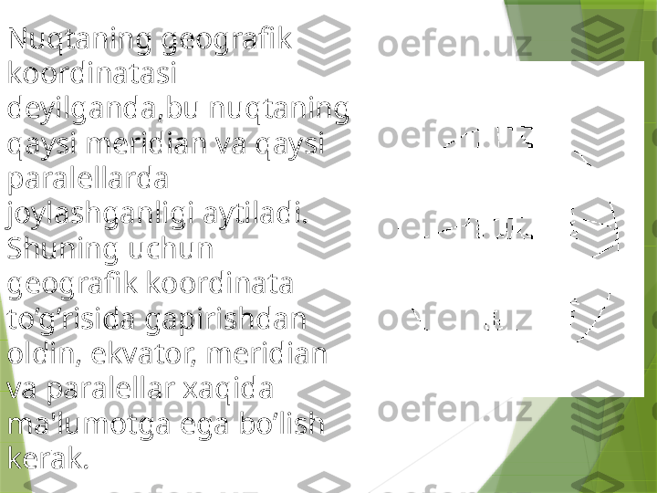 Nuqtaning geografik 
koordinatasi 
deyilganda,bu nuqtaning 
qaysi meridian va qaysi 
paralellarda 
joylashganligi aytiladi. 
Shuning uchun 
geografik koordinata 
to’g’risida gapirishdan 
oldin, ekvator, meridian 
va paralellar xaqida 
ma'lumotga ega bo’lish 
kerak. .                 