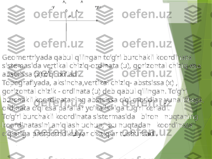                                                           +х
                                                                         А
1                 А                                                               
                                       -у                                            +у                           
                                                      0         А
2
                                                         -х
Geomertriyada qabul qilingan to’g’ri burchakli koordinata 
sistemasida vertikal chiziq-ordinata (u), gorizontal chiziq esa 
abstsissa (x) o’qi bo’ladi.
Topografiyada, aksincha,vertikal chiziq- abstsissa (x) , 
gorizontal chizik - ordinata (u) deb qabul qilingan. To’g’ri 
burchakli koordinataning abstsissa o’qi meridian yunalishiga, 
ordinata o’qi esa parallar yo’nalishiga tug’ri kerladi.
To’g’ri burchakli koordinata sistermasida   biron   nuqtaning 
koordinatasini aniqlash uchun,  bu nuqtadan   koordinata   
o’qlariga prerperndikulyar chiziqlar tushuriladi.
.                 