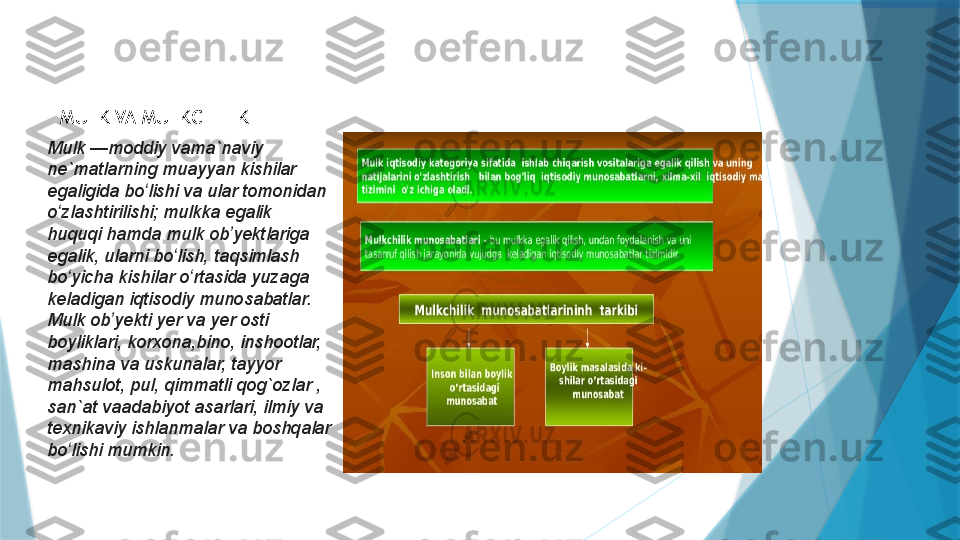 MULK VA MULKCHILIK
Mulk —moddiy vama`naviy	 
ne`matlarning	
 muayyan	 kishilar	 
egaligida	
 bo lishi	 va	 ular	 tomonidan	 	ʻ
o zlashtirilishi;	
 mulkka	 egalik	 	ʻ
huquqi hamda	
 mulk	 ob yektlariga	 	ʼ
egalik,	
 ularni	 bo lish,	 taqsimlash	 	ʻ
bo yicha	
 kishilar	 o rtasida	 yuzaga	 	ʻ ʻ
keladigan	
 iqtisodiy	 munosabatlar.	 
Mulk	
 ob yekti	 yer	 va	 yer	 osti	 	ʼ
boyliklari, korxona,bino,	
 inshootlar,	 
mashina	
 va	 uskunalar,	 tayyor	 
mahsulot, pul, qimmatli	
 qog`ozlar	 , 
san`at	
 vaadabiyot	 asarlari, ilmiy va	 
texnikaviy ishlanmalar va	
 boshqalar	 
bo lishi	
 mumkin. 	ʻ                   